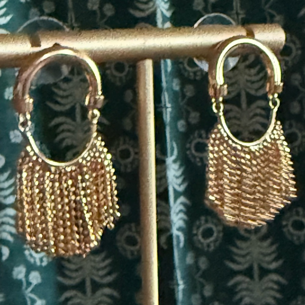 Geometric Hoop Semi Circle Fringe Fan Gold Statement Earrings by Natasha NWT - Picture 3 of 5